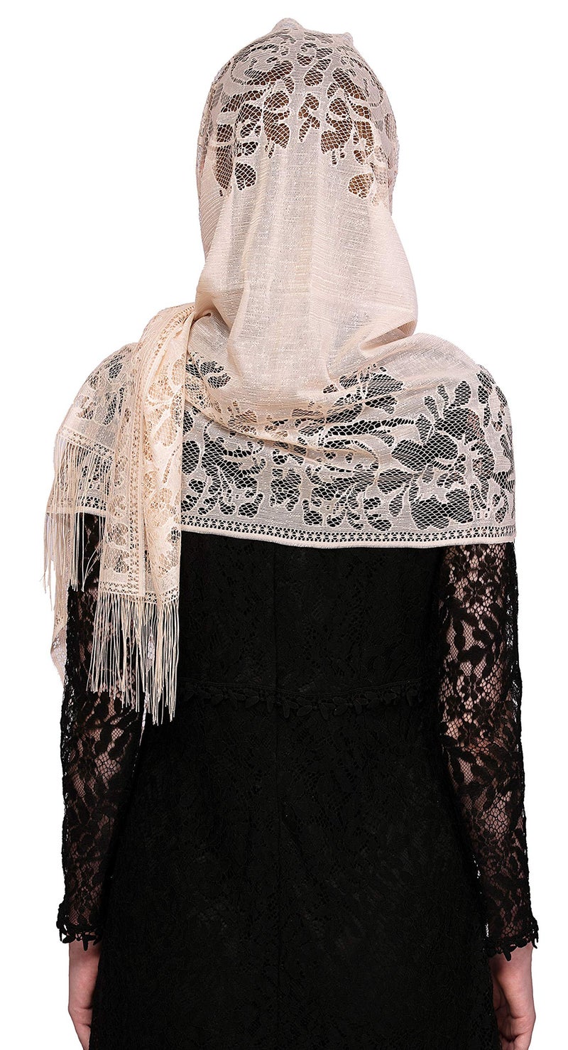 PAMOR Chapel Veil Scarf Mantilla Veils Rectangular Wrap Shawl Mass Head Covering with Fringe Trim (Champagne) - Image 3